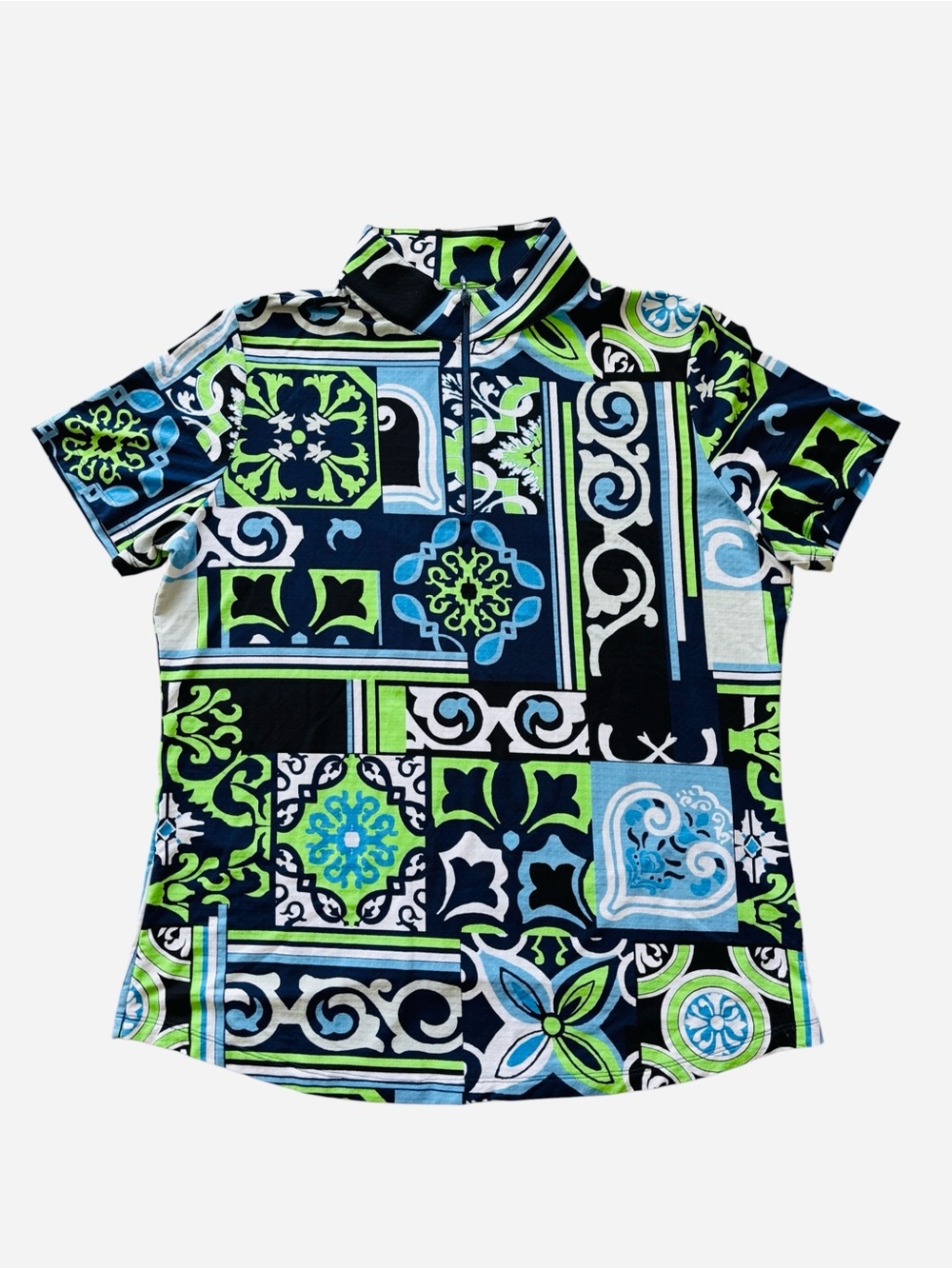 IBKUL Womens Size L Top 1/4 Zip Short-Sleeve Blue Green Mock Neck UPF Sun Shirt